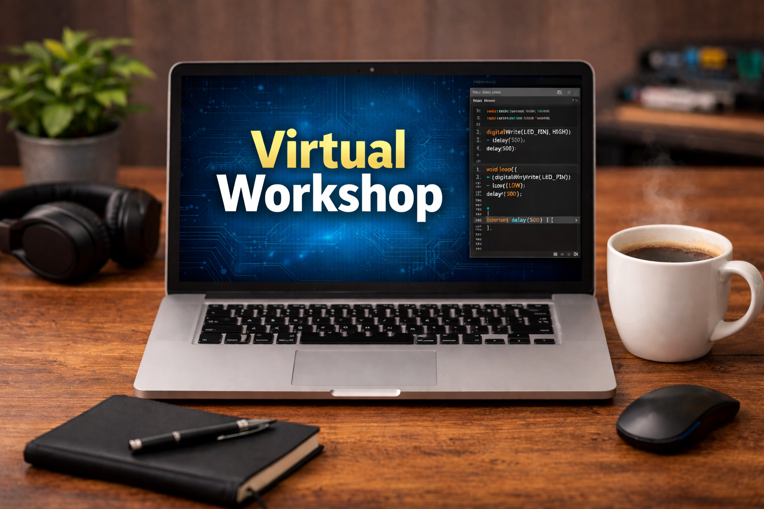 nano banana virtual workshop code screen laptop coffee cup (no women)